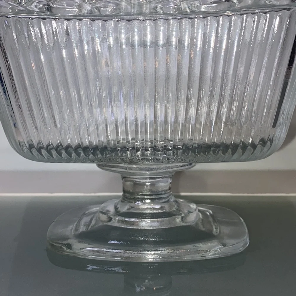 Vintage Indiana Glass Clear Lace Edge Pedestal Candy Bowl with Lid